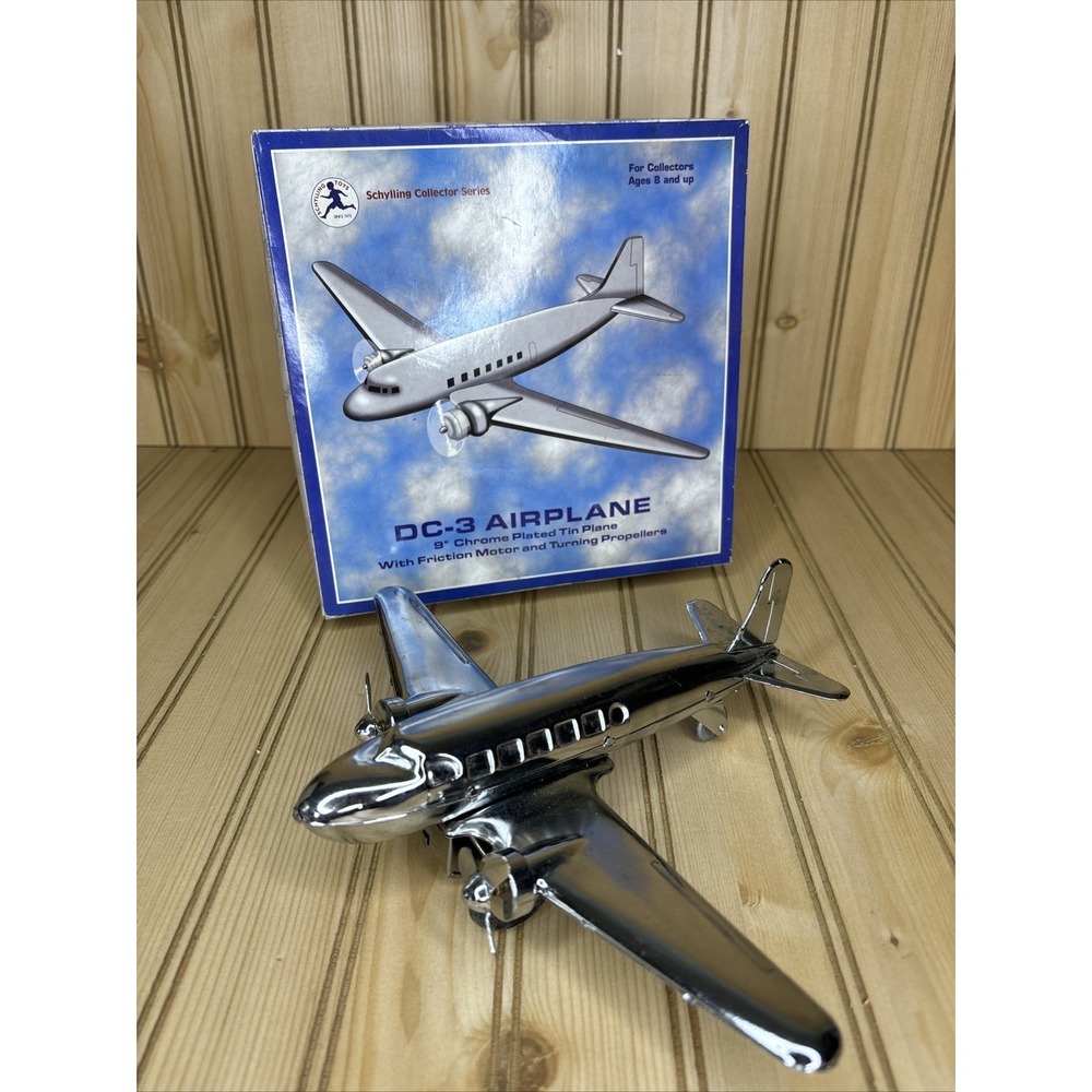 Vintage Schylling Tin DC-3‎ Toy Airplane Friction Motor Turning Propellers